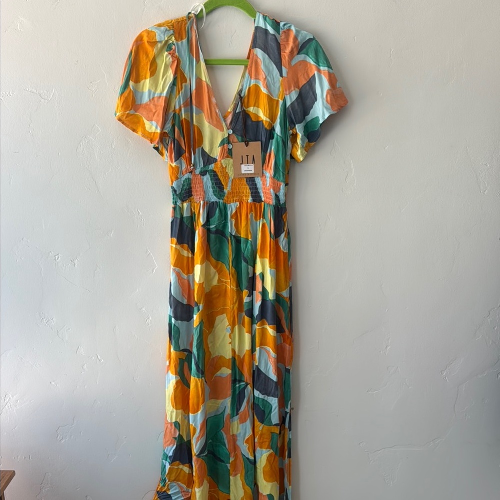 Orange and Green Flutter Sleeve Maxi Dress by Abel the label.